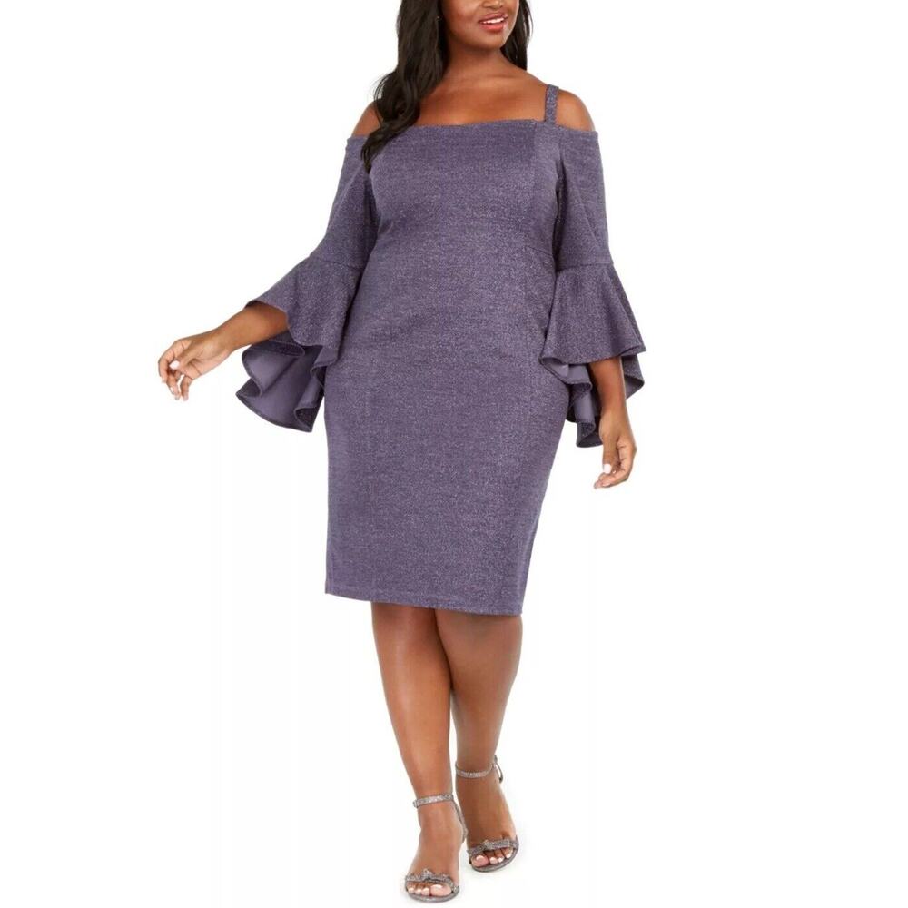R&M Richards Party Dress Womens Size 14 Navy/Silver Metallic Cruise Bell Sleeve